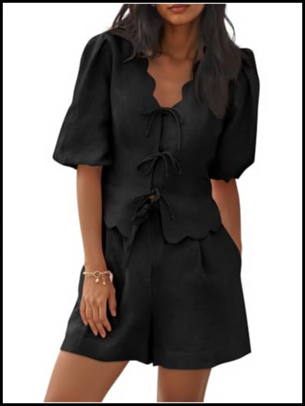 Puff Sleeve Ruffle V-Neck Bow Tie Front High Waisted Wide Leg Shorts 2 Piece